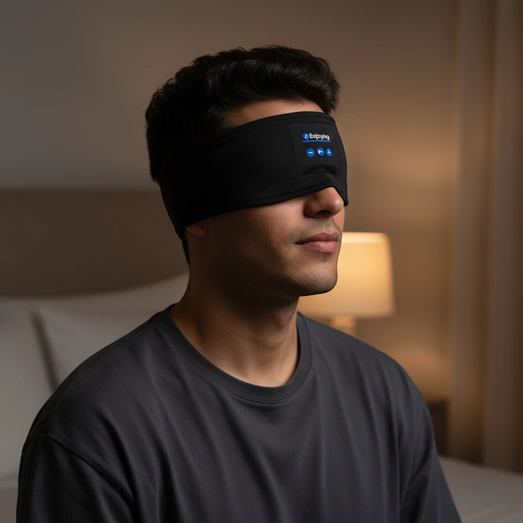 Homme portant le masque de sommeil en bandeau Bluetooth noir Deskium sur les yeux dans une chambre